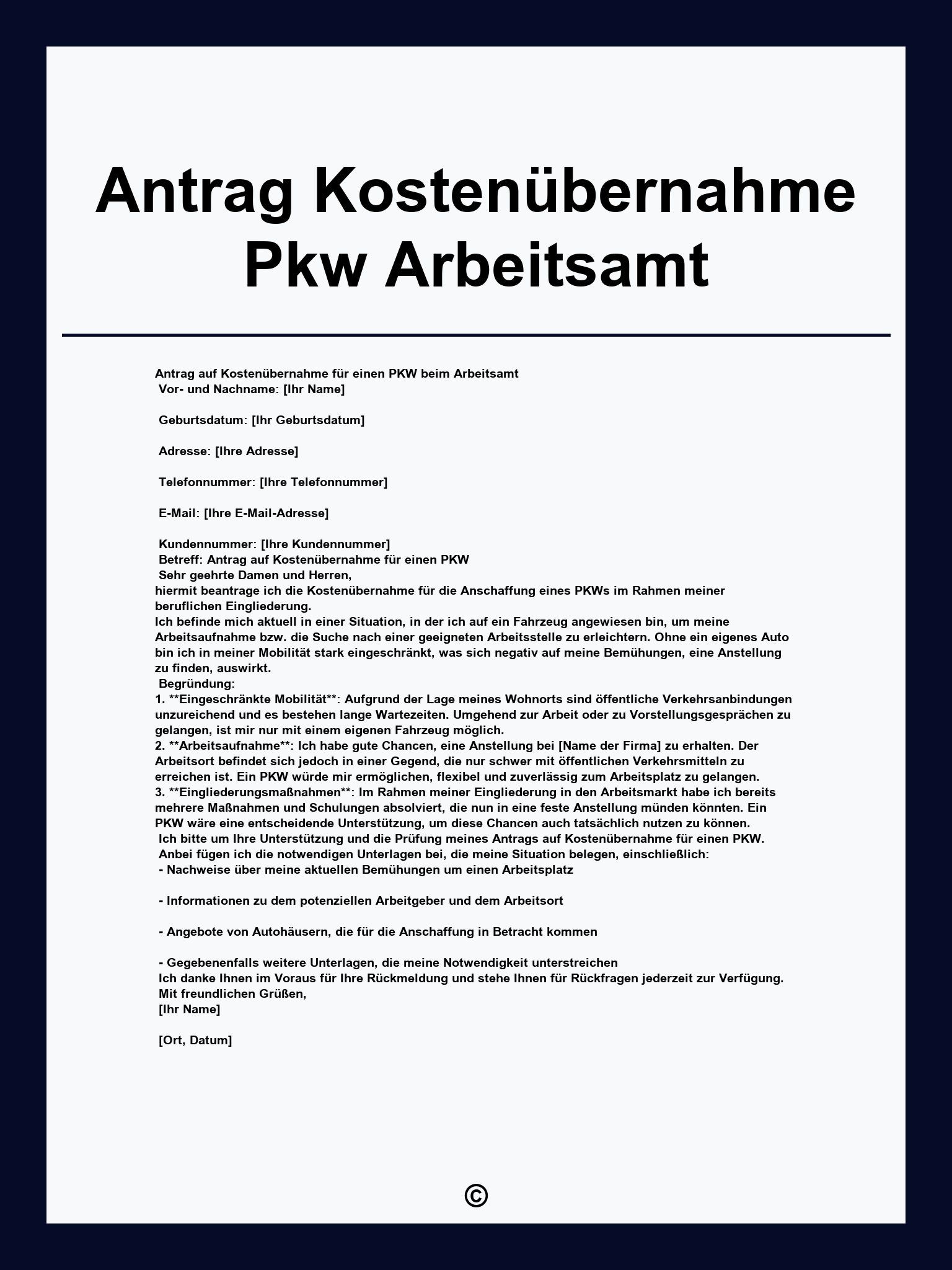 Antrag Kostenübernahme Pkw Arbeitsamt
