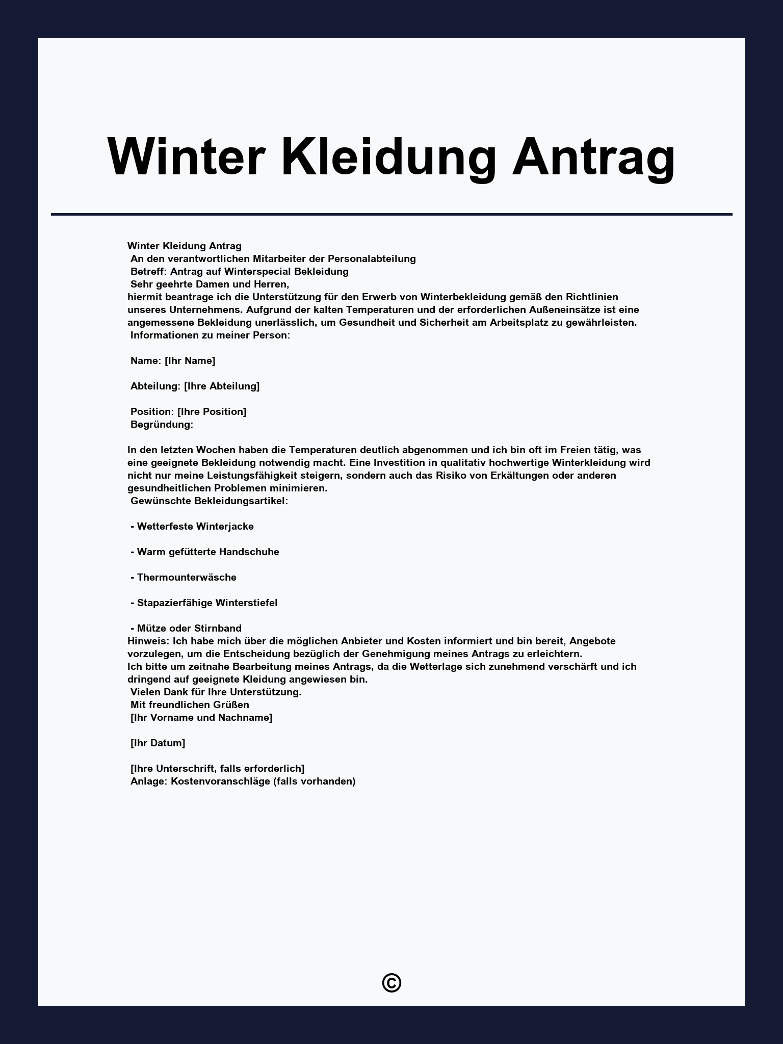 Winter Kleidung Antrag